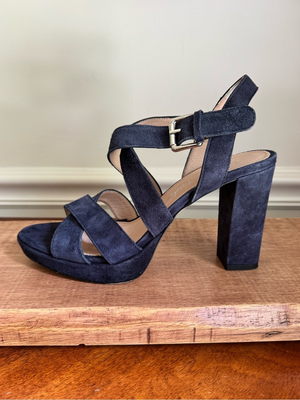 Navy Blue Italian Suede FASHION LADY Strappy Peep Toe Block Heel Shoes Sz 38
